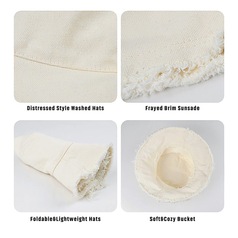 FGSS Bucket-Hat-Distressed Sun-Protection Washed-Cotton Beach-Sun-Hat - Summer-Wide-Brim(3.2inch Brim) Beach-Cap(Size:S-M) Beige - Image 2